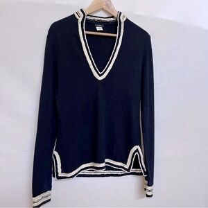 J. Crew Navy Blue and Cream Embroidery Edging V-Neck Wool/Cashmere Blend Sweater